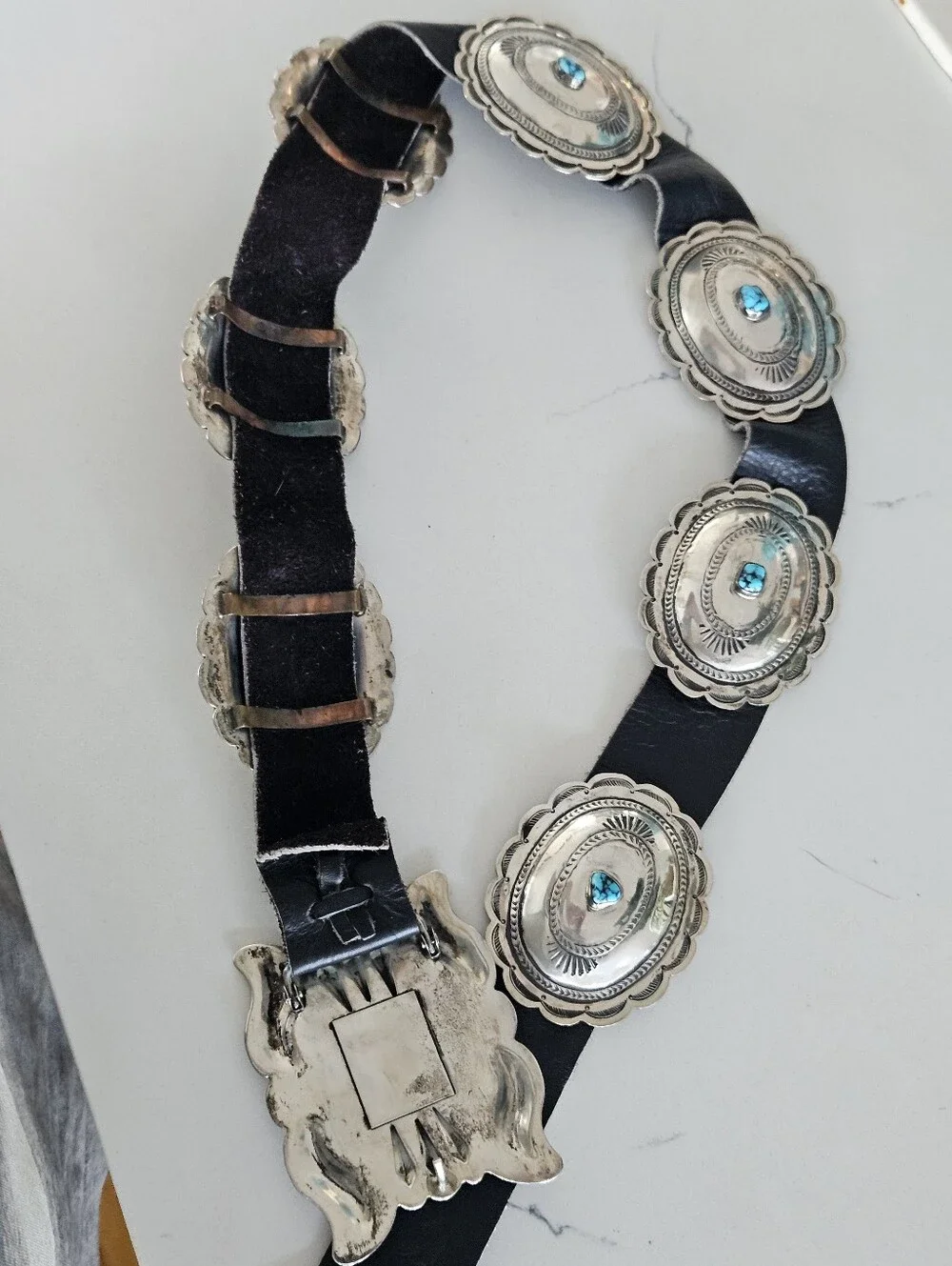 Vintage Navajo Kingman Turquoise Accent Sterling Silver Concho Leather Belt 41